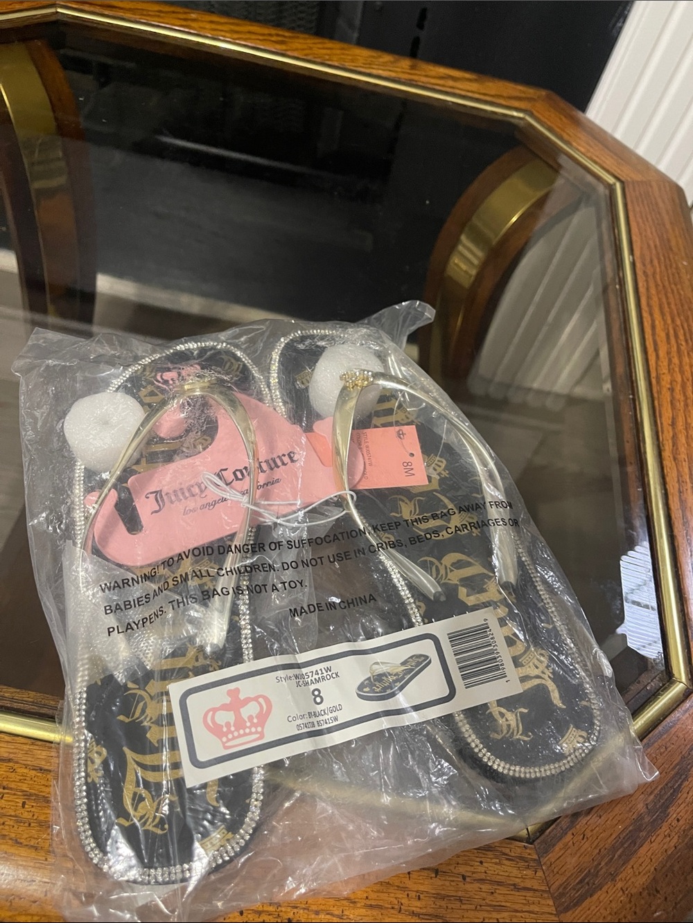 Juicy Couture Black & Gold Embellished Flip Flops